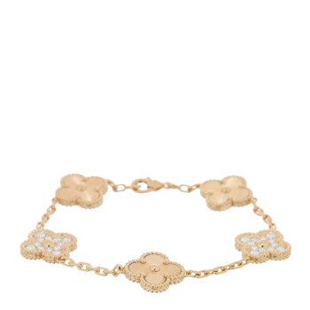 VAN CLEEF & ARPELS 18K Yellow Gold Diamond 5 Motifs Guilloche Vintage Alhambra Bracelet