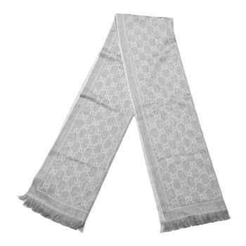 GUCCI Wool Jacquard GG Monogram Sten Fringe Scarf Zinc Light Grey