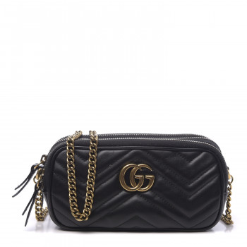 GUCCI Calfskin Matelasse Mini GG Marmont Chain Crossbody Bag Black