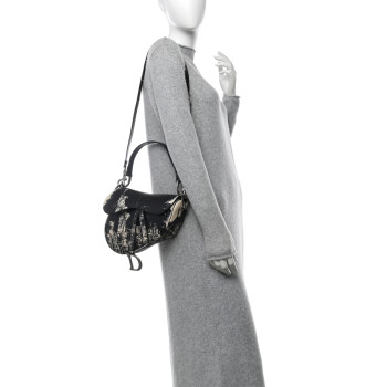 CHRISTIAN DIOR Calfskin New York Saddle Bag With Strap Black Multicolor