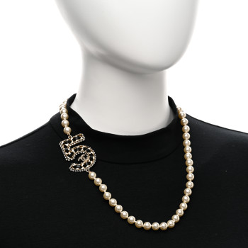 CHANEL Pearl Crystal Lambskin Chain CC No 5 Short Necklace Gold