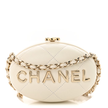 CHANEL Lambskin Quilted Oval Minaudiere Chain Clutch White