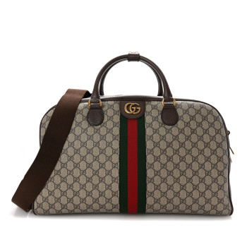 GUCCI GG Supreme Monogram Textured Dollar Calfskin Web Large Savoy Bowling Bag Beige Ebony New Acero