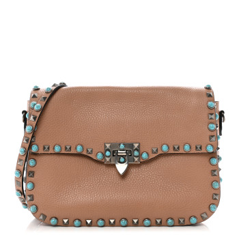 VALENTINO GARAVANI Grained Calfskin Turquoise Medium Rockstud Rolling Flap Saddle Bag Soft Noisette