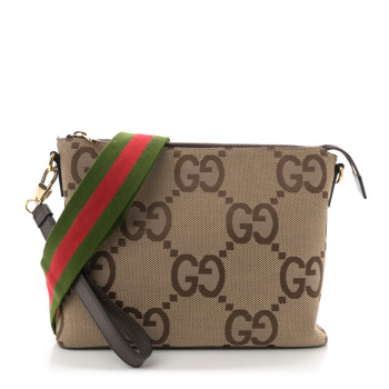 GUCCI Monogram Jumbo GG Textured Dollar Calfskin Web Wristlet Messenger Bag Camel Ebony New Acero