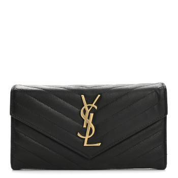 SAINT LAURENT Grain De Poudre Matelasse Chevron Monogram Flap Wallet Black