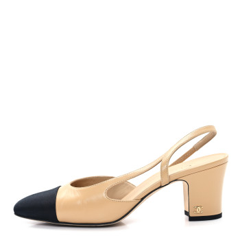 CHANEL Goatskin Grosgrain Cap Toe CC Slingback Pumps 38 Beige Black