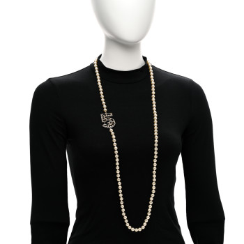 CHANEL Pearl Crystal Lambskin Chain CC No 5 Long Necklace Gold