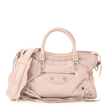 BALENCIAGA Agneau Classic Silver Hardware S City Logo Strap Light Rose White