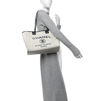 CHANEL Woven Straw Raffia Small Deauville Tote White Navy