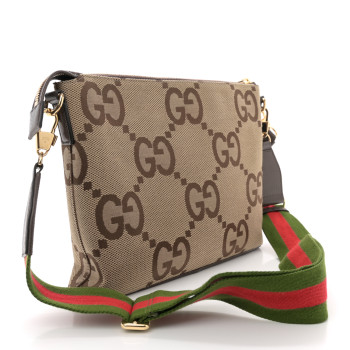 GUCCI Monogram Jumbo GG Textured Dollar Calfskin Web Wristlet Messenger Bag Camel Ebony New Acero
