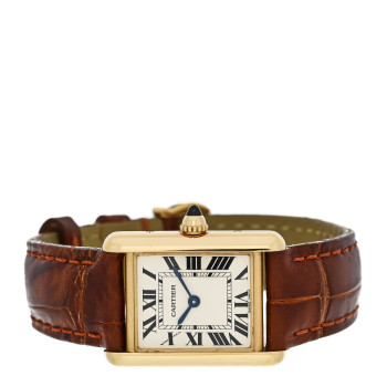 CARTIER 18K Yellow Gold Alligator 22mm Tank Louis Quartz Watch Brown