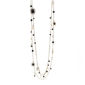 CHANEL Pearl Crystal Flower CC Necklace Gold Black