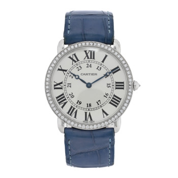 CARTIER 18K White Gold Alligator Diamond Bezel 36mm Ronde Louis Manual Winding Watch Blue