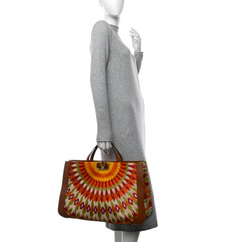 VALENTINO GARAVANI Canvas Calfskin Large Printed Vlogo Signature Tote Saddle Brown Multicolor