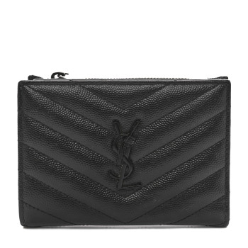 SAINT LAURENT Grain De Poudre Matelasse Chevron Monogram Monochrome Zipped Two-Part Wallet Black