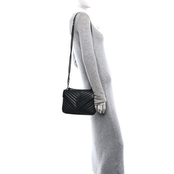SAINT LAURENT Sheepskin Matelasse Chevron Monogram Monochrome Medium College Bag Black