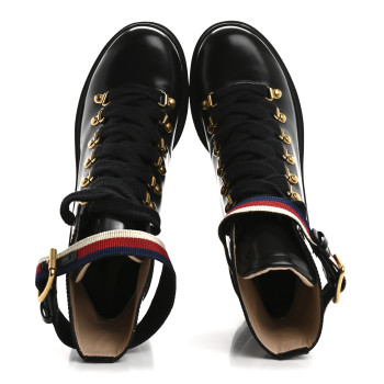 GUCCI Calfskin Sylvie Web Womens Lace Up Combat Boots 38 Black
