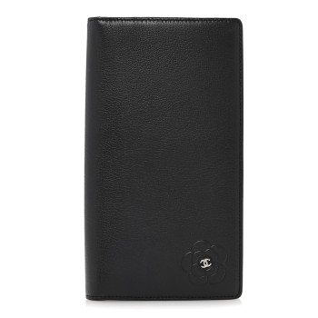 CHANEL Goatskin Camellia Embossed Yen Wallet Black