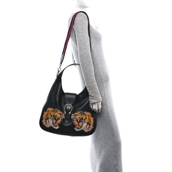 GUCCI Calfskin Web Tiger Embroidered Large Dionysus Hobo Black