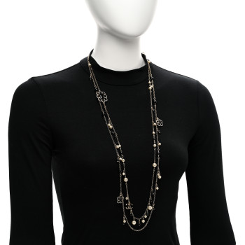 CHANEL Pearl Crystal Flower CC Necklace Gold Black
