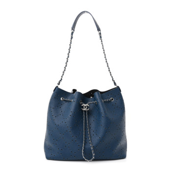CHANEL Caviar Perforated Large Drawstring CC Bag Blue