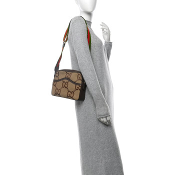 GUCCI Monogram Jumbo GG Textured Dollar Calfskin Web Messenger Shoulder Bag Camel Ebony New Acero