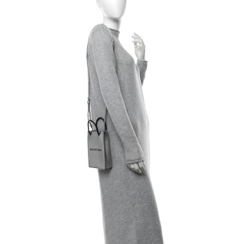 BALENCIAGA Metallic Textured Calfskin Logo Shopping Phone Holder Bag Silver