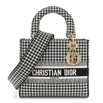 CHRISTIAN DIOR Canvas Houndstooth Embroidered Medium Lady D-Lite Black White