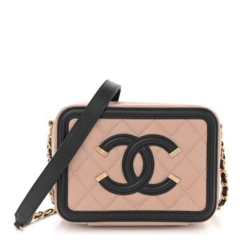 CHANEL Caviar Quilted CC Filigree Vanity Clutch With Chain Beige Black