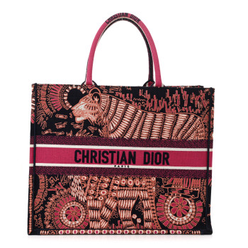 CHRISTIAN DIOR Canvas Embroidered Dior Animals Tiger Book Tote Deep Blue Fuchsia