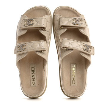 CHANEL Shiny Calfskin Quilted Velcro Dad Crystal CC Slide Sandals 39.5 Beige