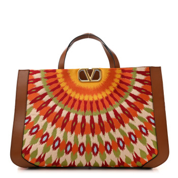 VALENTINO GARAVANI Canvas Calfskin Large Printed Vlogo Signature Tote Saddle Brown Multicolor