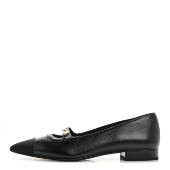 CHANEL Shiny Lambskin Grosgrain Pearl Mary Jane Flats 37 Black