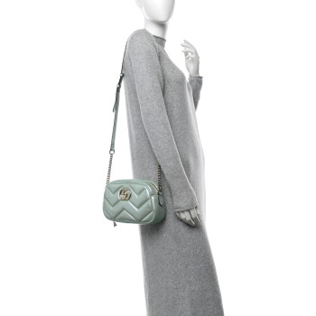GUCCI Iridescent Nappa Chevron Matelasse Small GG Marmont Chain Shoulder Bag Iridescent Salvy Green