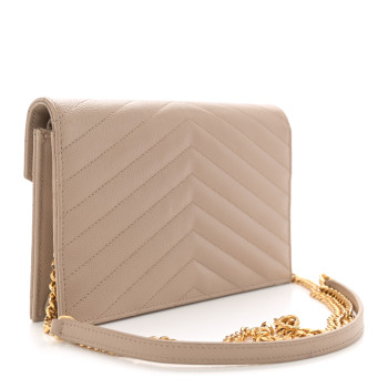 SAINT LAURENT Grain De Poudre Matelasse Chevron Monogram Envelope Chain Wallet Dark Latte