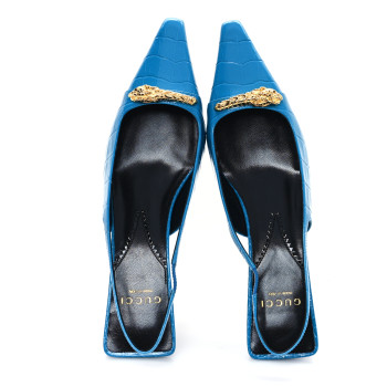 GUCCI Calfskin Crocodile Print Square Slingback Pumps 37.5 Bright Sapphire