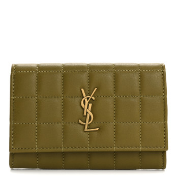 SAINT LAURENT Lambskin Carre Quilted Cassandre Small Envelope Wallet Olive Drab