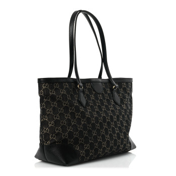 GUCCI Jacquard Black Denim GG Monogram Medium Ophidia Shopping Tote Black Ivory