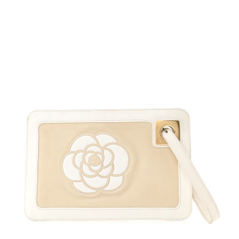 CHANEL Lambskin Camellia Logo Clutch Beige White