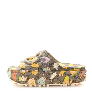 GUCCI X PIKARAR Cubic Rubber Monogram Animal Print Womens Interlocking G Platform 42mm Slide Sandals 38 Beige Ebony Multicolor