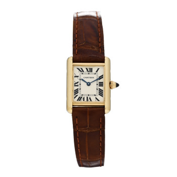 CARTIER 18K Yellow Gold Alligator 22mm Tank Louis Quartz Watch Brown