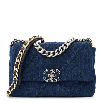 CHANEL Denim Quilted Medium Chanel 19 Flap Blue