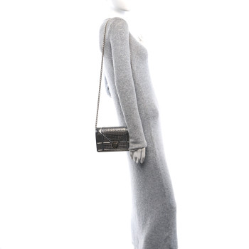 CHRISTIAN DIOR Metallic Patent Micro-Cannage Diorama Wallet on Chain Pouch Silver