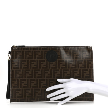 FENDI Glazed Fabric Vitello Century FF 1974 Stamp Patch Large Flat Pouch Mogano Panna Black
