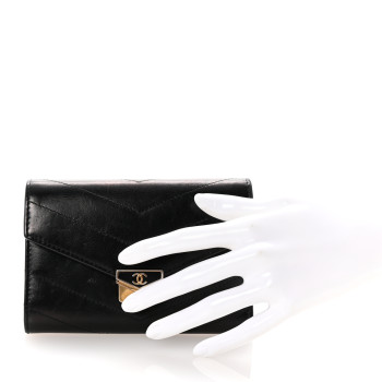 CHANEL Calfskin Chevron Quilted Medal Flap Wallet Black