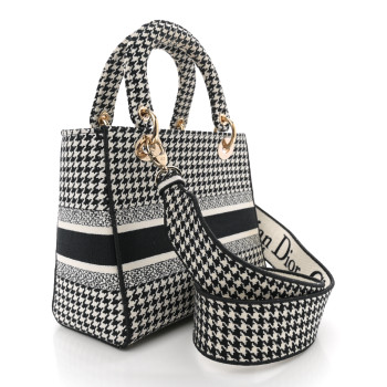 CHRISTIAN DIOR Canvas Houndstooth Embroidered Medium Lady D-Lite Black White