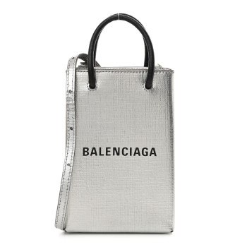 BALENCIAGA Metallic Textured Calfskin Logo Shopping Phone Holder Bag Silver