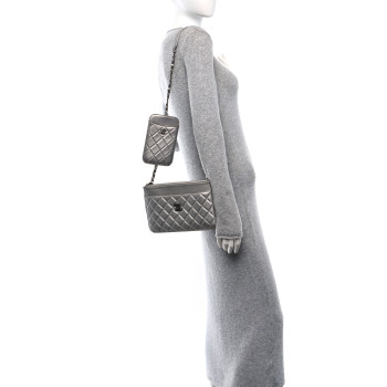 CHANEL Metallic Lambskin Quilted Clutch With Chain Silver