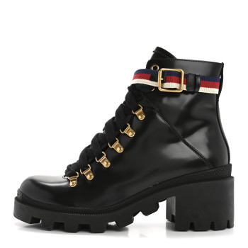 GUCCI Calfskin Sylvie Web Womens Lace Up Combat Boots 38 Black